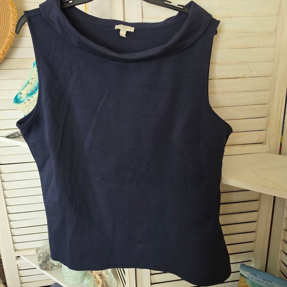 Talbots Women XL Navy Sleeveless Cowl Neck Top Cotton Blend Office Shell Blouse